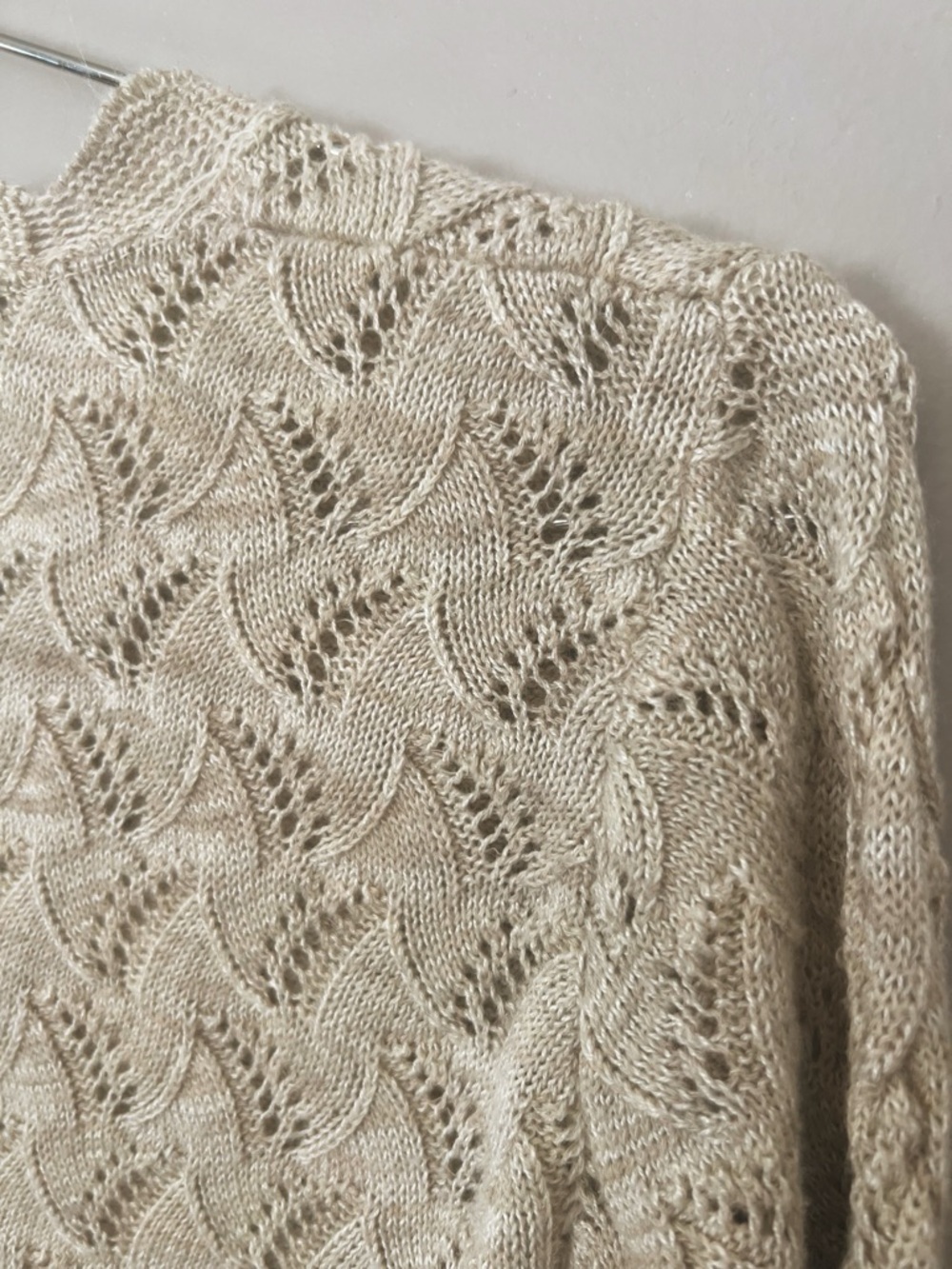 Cream Open Knit Lace Sweater Tie Neck Cottagecore Boho Top Medium - Picture 9 of 10